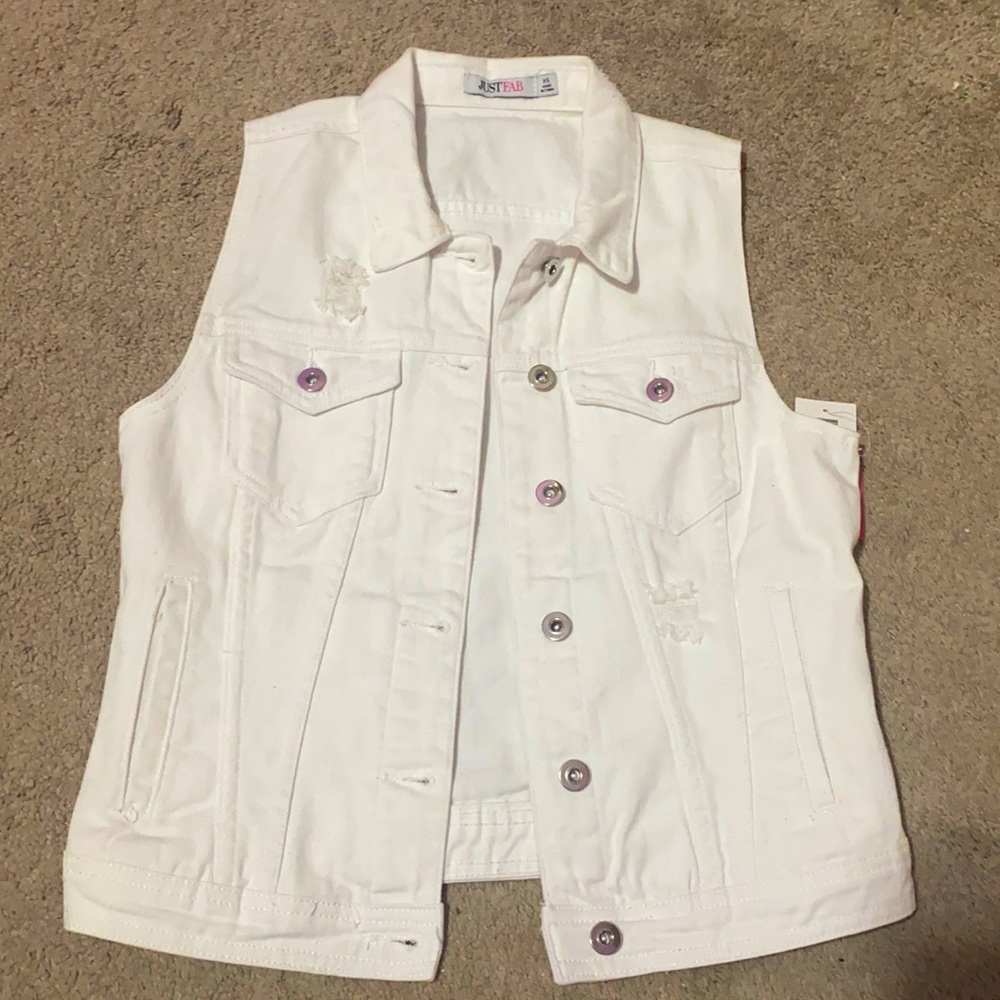 JustFab white denim distressed vest